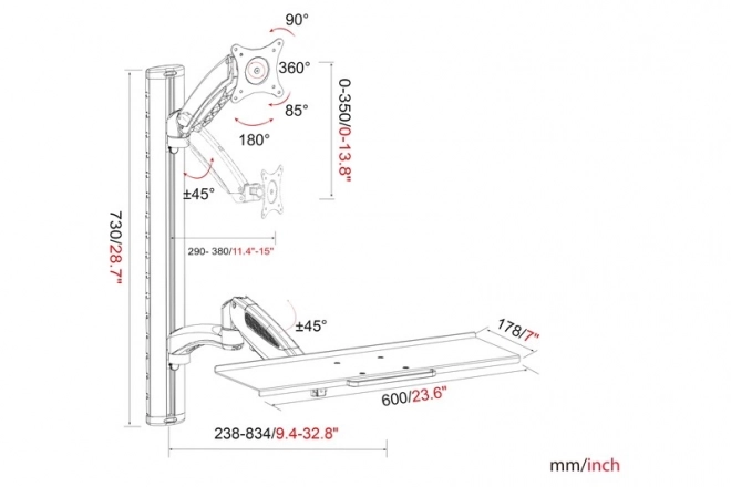Wandarm voor monitor en toetsenbord, max. 27", max. 8kg, draaibaar 360°