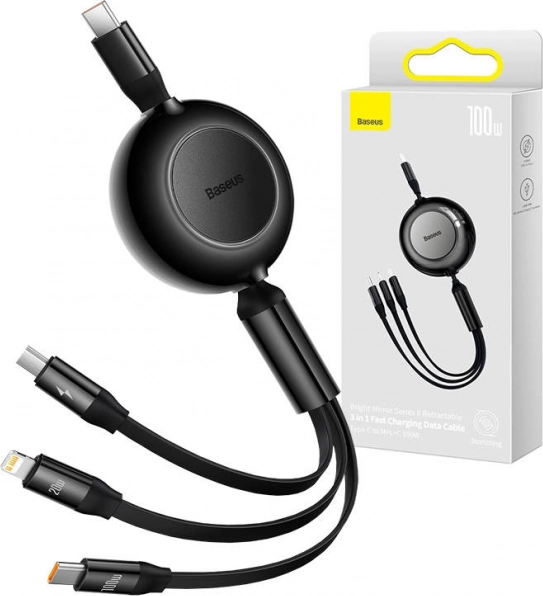 Baseus Bright Mirror 4 uittrekbare 3-in-1 kabel USB-C / Lightning / Micro USB 100 W, 1,1 m, zwart