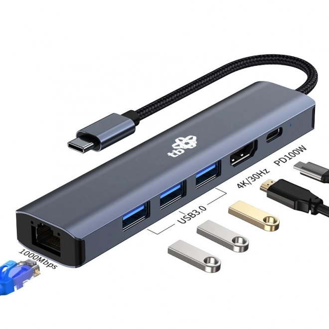 HUB USB-C adapter 6v1 - HDMI, 3x USB, PD, RJ-45