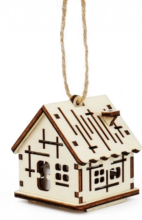 Houten huisje met kruisjes met LED-kaars