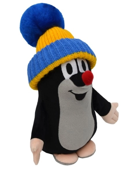 Mol met blauw-gele muts Baby staand 25cm 0+