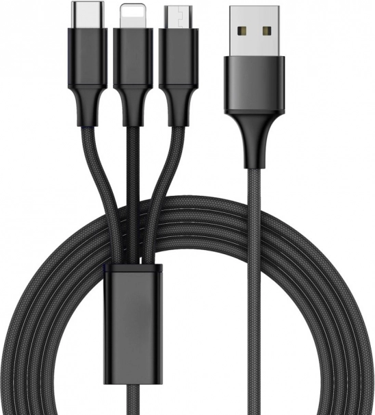 Universele 3‑in‑1 oplaadkabel met Lightning-, Micro‑USB- en USB‑C‑connectoren 1,2 m – zwart