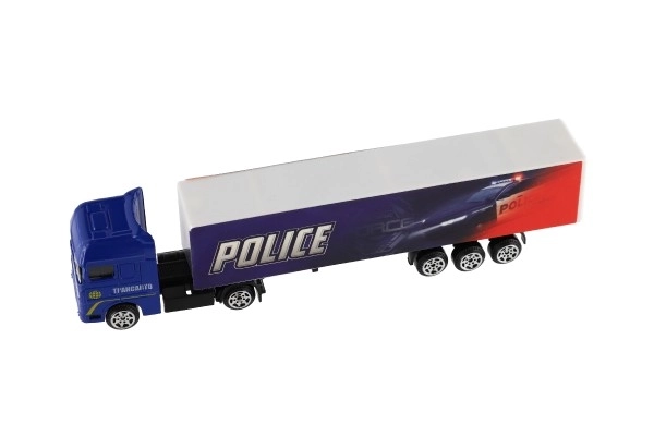 Vrachtwagen met aanhanger metaal/plastic 20cm vrij rollend assortiment in plastic doosje 20x5x3cm