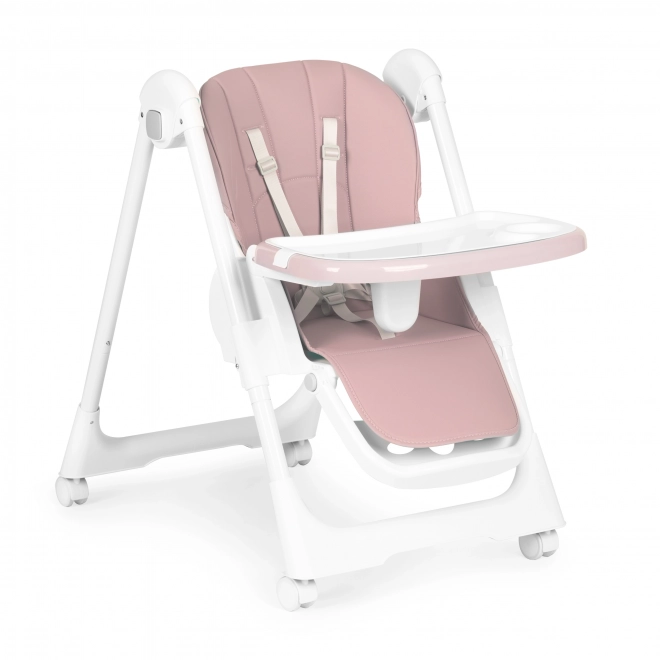 Hoge stoel, voedingsstoel, verstelbare hoogte, riemen van ecologisch leer, dubbele tray roze