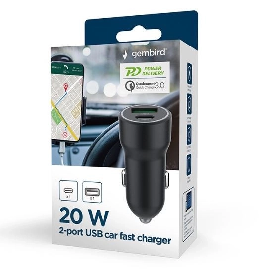 zwarte autolader USB-A/USB-C 20W PD