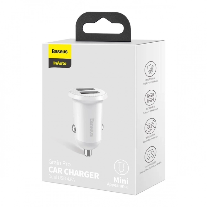 Autolader 2x USB Baseus, 4,8A, wit