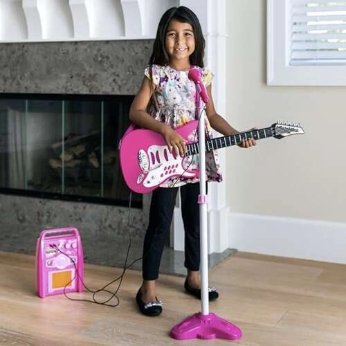 Gitaar + microfoon + versterker roze 22407