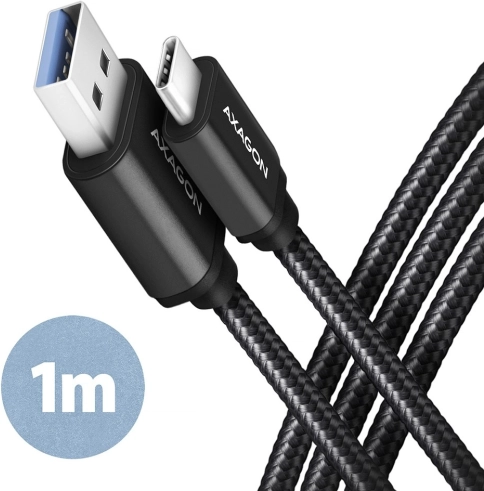 AXAGON USB-C – USB-A kabel 3.2 Gen 1, 1 m, 3 A, aluminium, nylonvlecht, zwart