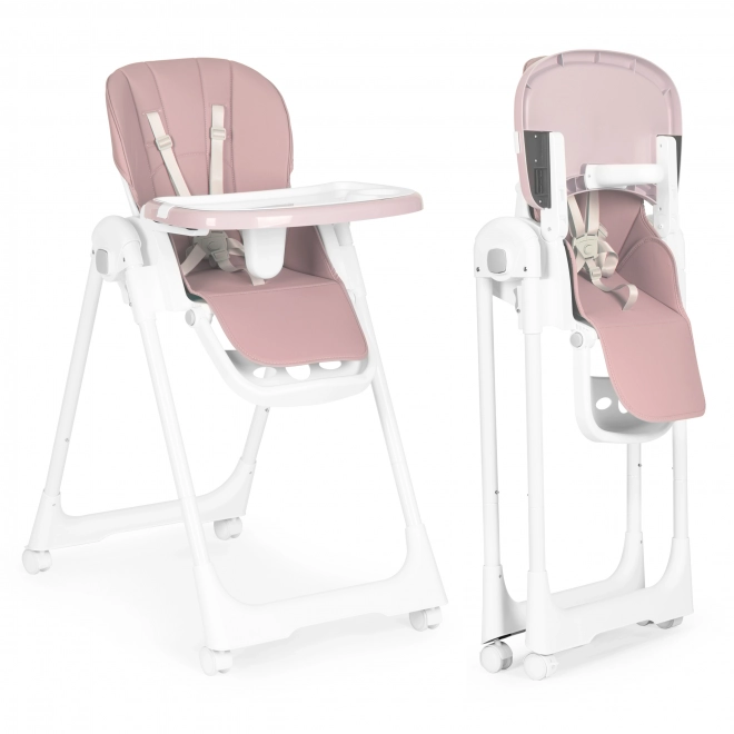 Hoge stoel, voedingsstoel, verstelbare hoogte, riemen van ecologisch leer, dubbele tray roze