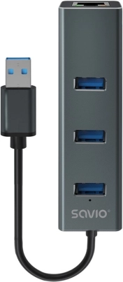 Savio hub USB-A 3.1 Gen 1 met 3 poorten en RJ‑45 gigabit‑ethernetadapter