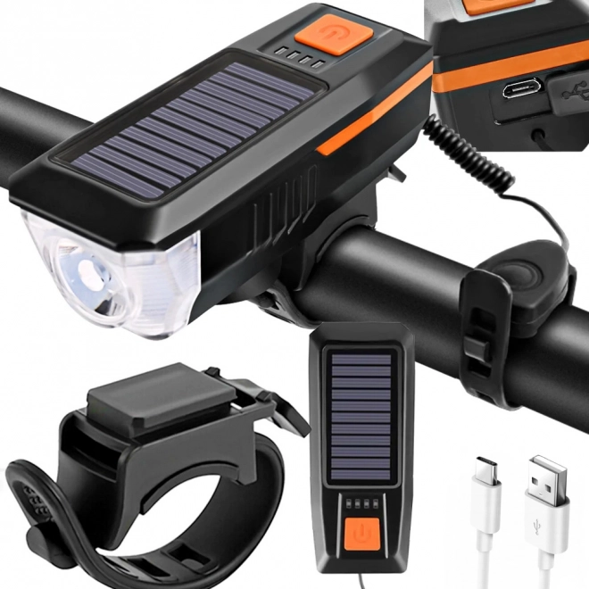 Voorlicht met LED voor fiets met zonne-oplaadfunctie en toeter