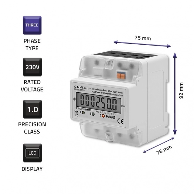 Drietraps elektronische elektriciteitsmeter | DIN-rail | 400V | LCD | 4P