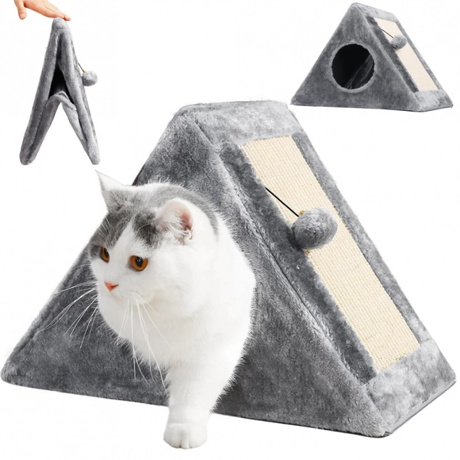 Driehoekig krabmeubel en huis voor katten met balletje