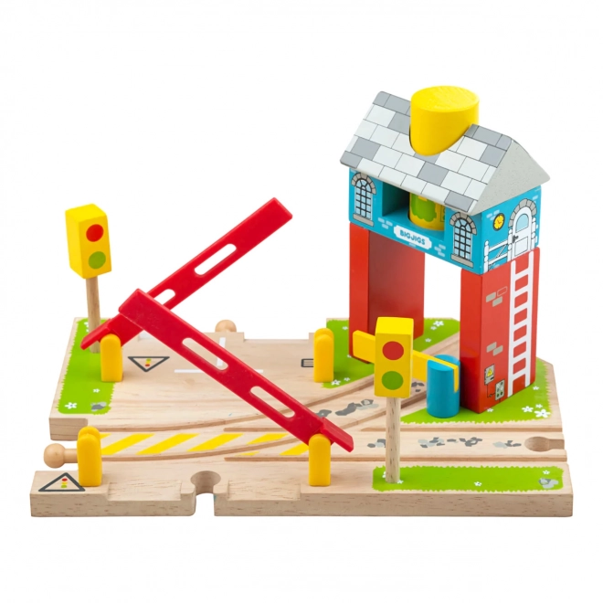Houten spoorwegovergang met sein