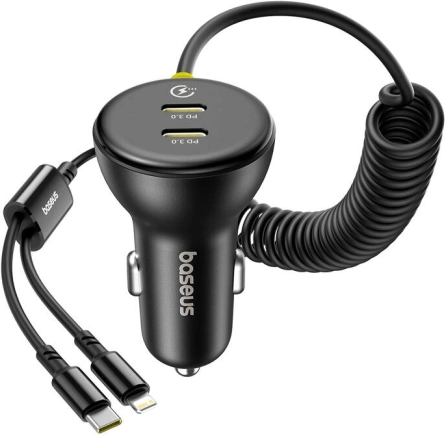 Autolader BASEUS 60 W met Lightning- en USB‑C-kabel (zwart)