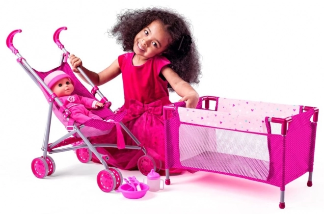 Grote set voor poppen met kinderwagen en bedje