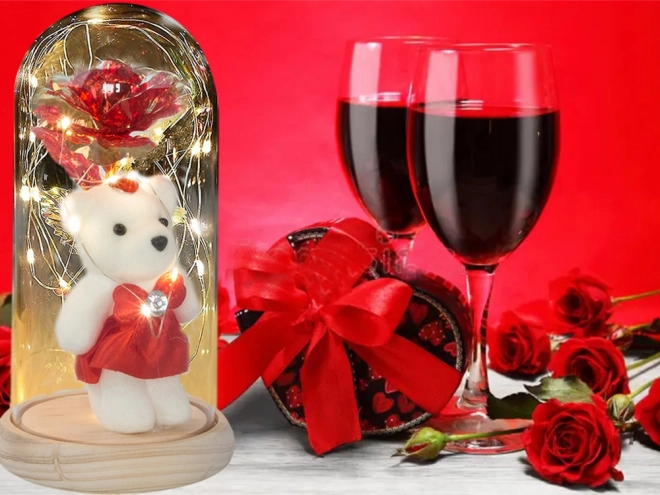 Eeuwige roos met teddybeer in glazen doos
