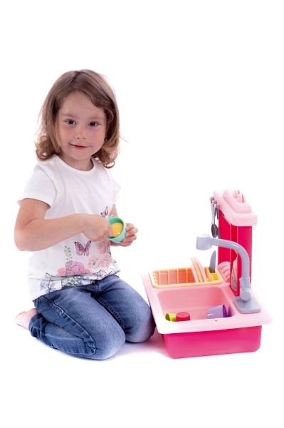 Gootsteen voor afwassen roze + kraan voor water op batterijen plastic met accessoires in doos 46x28x12cm
