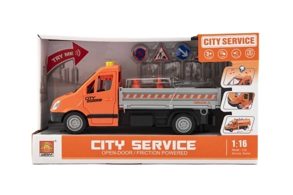 Auto wegonderhoud plastic 25cm met traagheidsmotor op batterijen met geluid en licht in doos 32x19x12cm