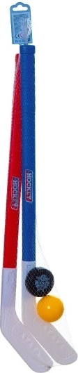 Hockey stick veld 2 stuks plastic 72cm + floorbal bal + plastic puck in net