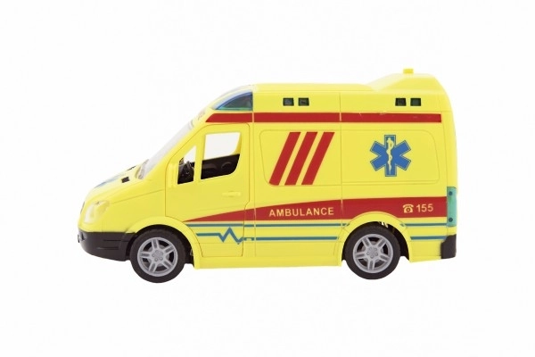 Auto ambulance plastic 20cm op trekveer op batterijen met geluid en licht in doos 26x15x12cm