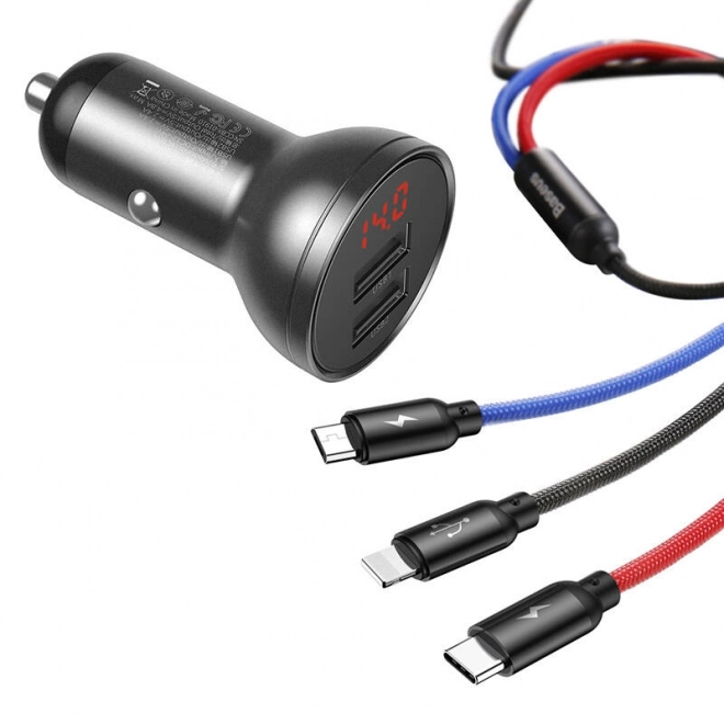 Baseus Autolader met Display en USB 3v1 Kabel 24W