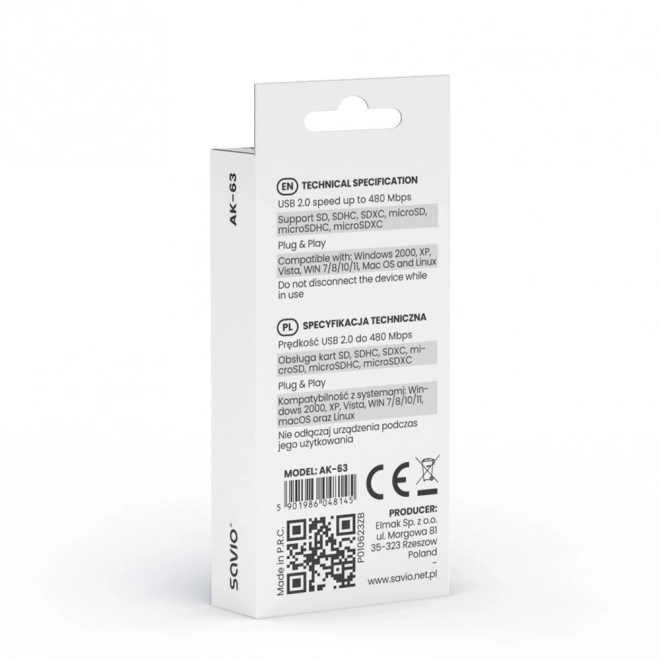 SD-kaartlezer, USB 2.0, 480 Mb/s, AK-63