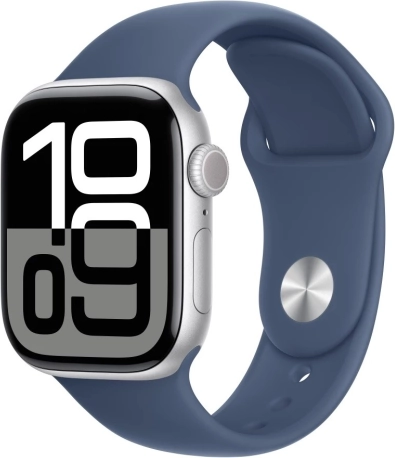 Watch Series 10 GPS, 42‑mm aluminiumbehuizing in zilver met denim sportband maat S/M