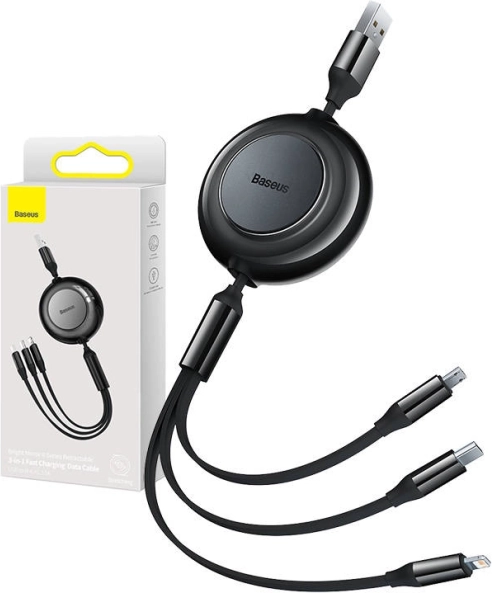 Oprolbare 3-in-1 kabel voor opladen en data Baseus Bright Mirror II, USB-A naar Lightning/USB-C/micro USB, 3,5 A, 1,1 m, zwart