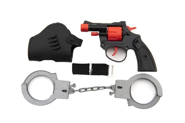 Capsulepistool 8 schoten kunststof 13cm met holster en handboeien op kaart
