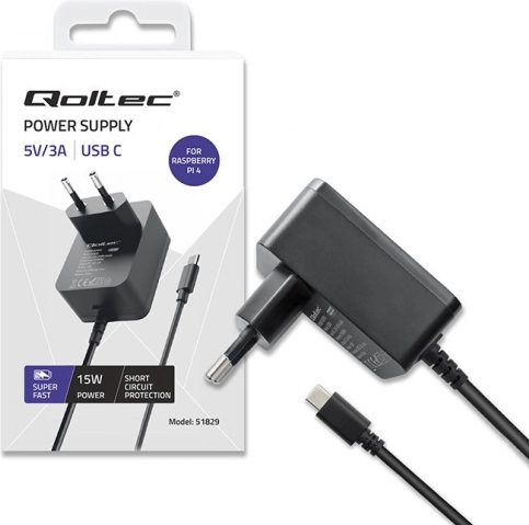 usb‑c-oplader 15 W voor Raspberry Pi 4 met Power Delivery – zwart