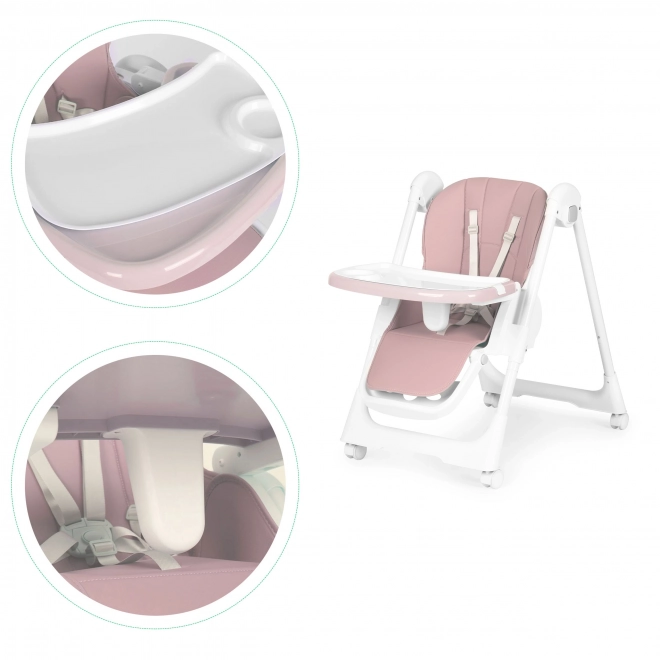 Hoge stoel, voedingsstoel, verstelbare hoogte, riemen van ecologisch leer, dubbele tray roze