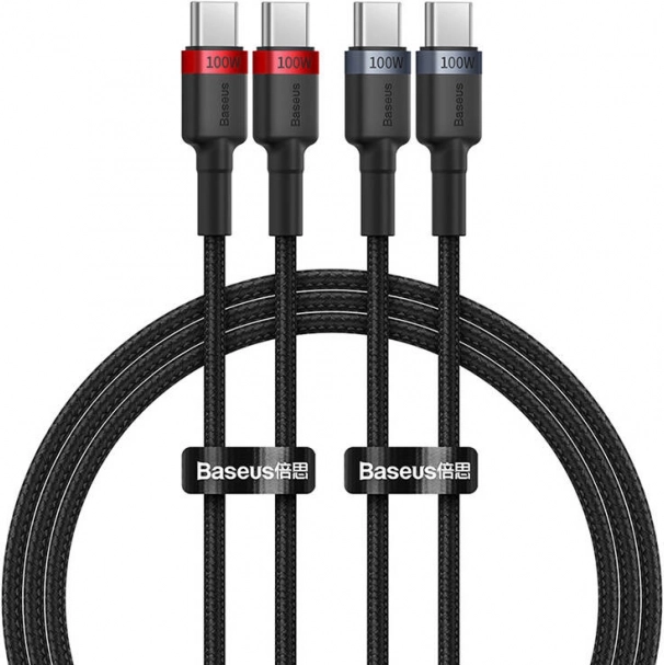 Baseus Cafule USB‑C naar USB‑C kabel 100 W, 1 m, set van 2 stuks (rood‑zwart en grijs‑zwart)