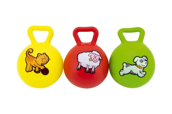 Rubberen balletje met handvat en rammelaar Mijn eerste diertjes - 10 cm