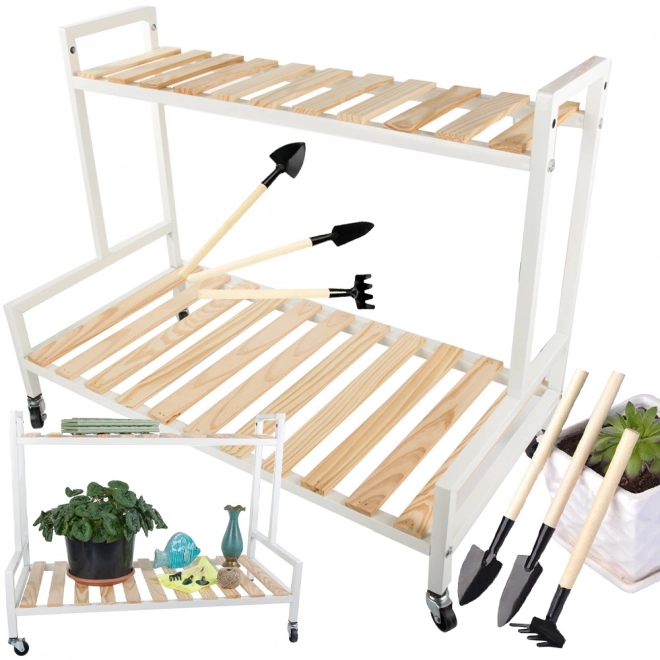 Houten tweelaagse plantenstandaard op wielen