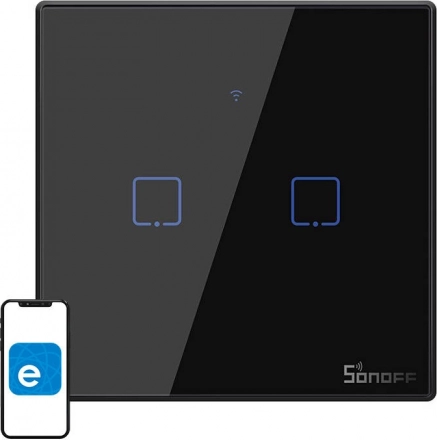 Slimme touchschakelaar SONOFF T3 EU, Wi‑Fi + RF 433, 2‑kanaals, zwart