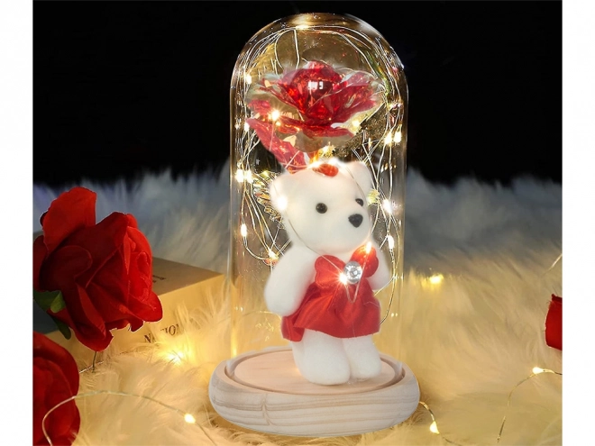 Eeuwige roos met teddybeer in glazen doos