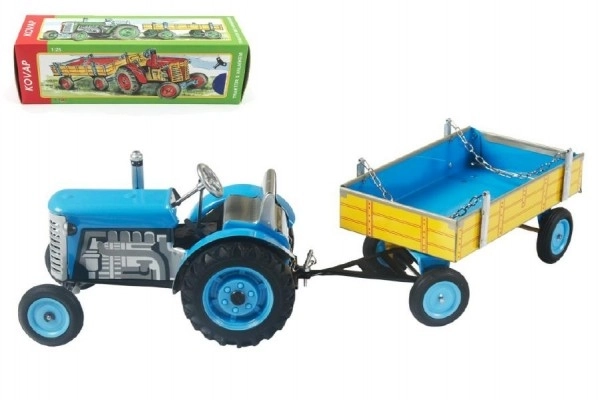 Tractor Zetor met aanhangwagen blauw op sleutel metaal 28cm Kovap in doos