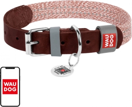 Leren halsband van natuurlijk leer en gerecycleerd katoen met WAUDOG QR-code voor middelgrote honden – Bruin