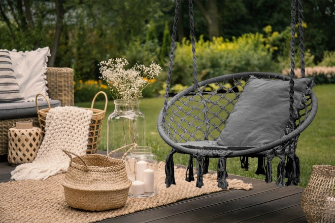 Hangende stoel Boho met kussen, tuin schommel, grijs