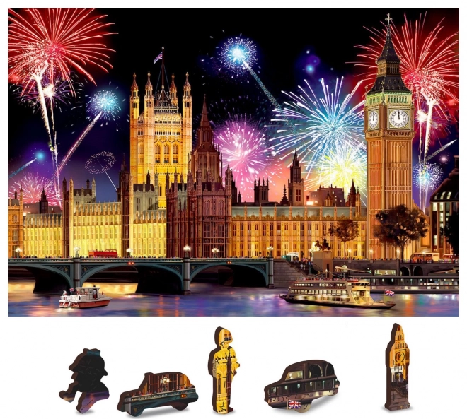 Houten puzzel Londen 's nachts met vuurwerk