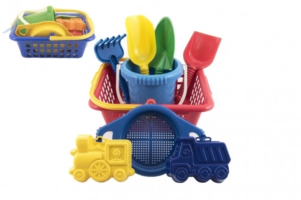 Mand set - 2 zandvormpjes schepje harkje zeefje emmer winkelmandje plastic 12m+