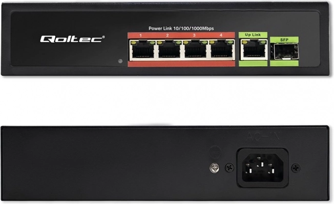 Switch Fast Ethernet PoE met 4x RJ45 PoE, 1x RJ45 Uplink en 1x SFP