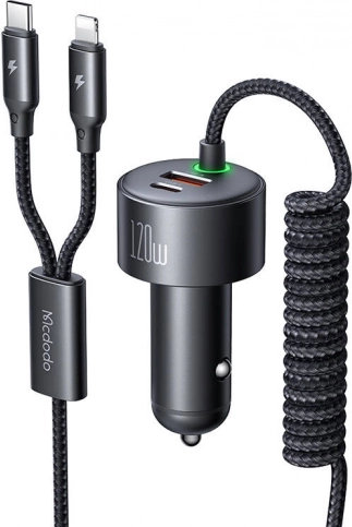 Macdodo autolader 120W met USB‑C en Lightning, inschuifbare kabels