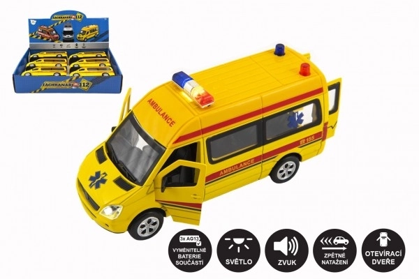 Auto ambulance metaal/plastic 15cm op batterijen met licht en geluid op wrijving 6 stuks in doos