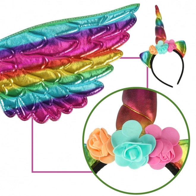 Eenhoornkostuum met regenboogvleugels en diadeem