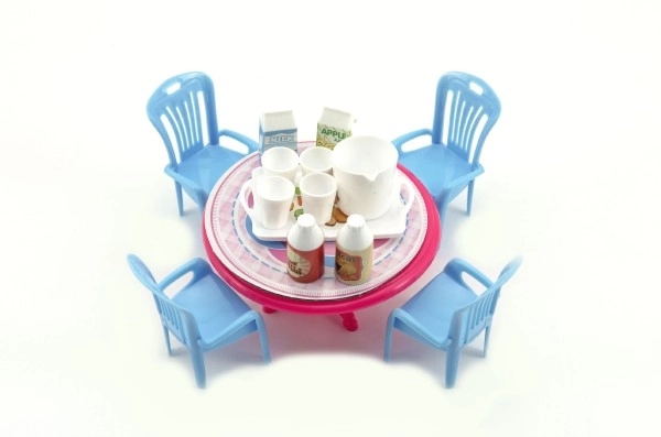 Tafel en stoelen met accessoires kunststof 12cm in blister