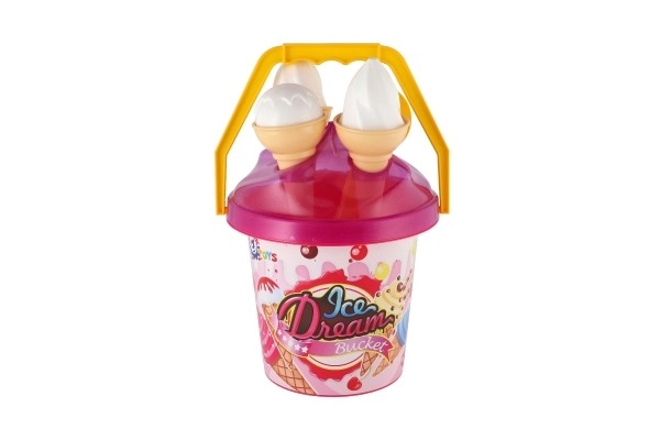 Zandset plastic emmer + ijshoornvormpjes 2 kleuren in net 18x28x17cm 12m+