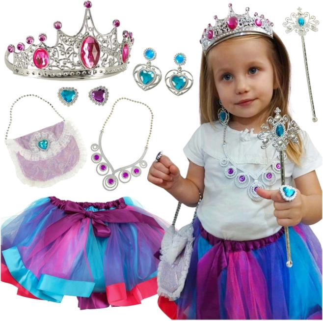 Kinderkostuum prinses met kroon, toverstokje en handtas – 9-delige set