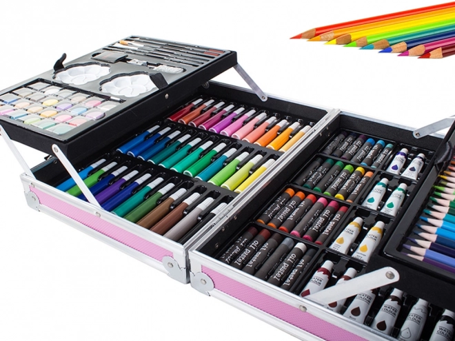Creatieve roze kunstset 145 stuks in koffer